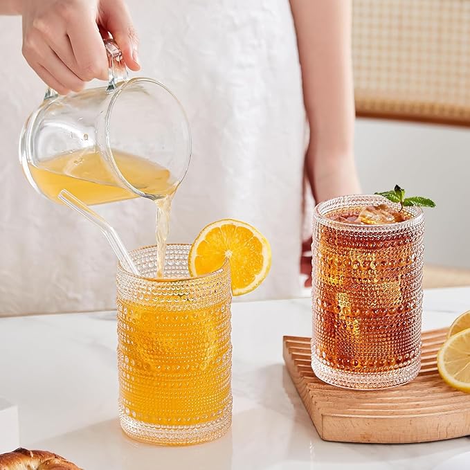 Vintage Hobnail Drinking Glasses Set of 12, 15oz Textured Tumblers - Embossed Clear Bar Glasses for Cocktails, Beer, Whiskey, Dishwasher-Safe Highball Cups for Kitchen, Juice & Mixed Drinks