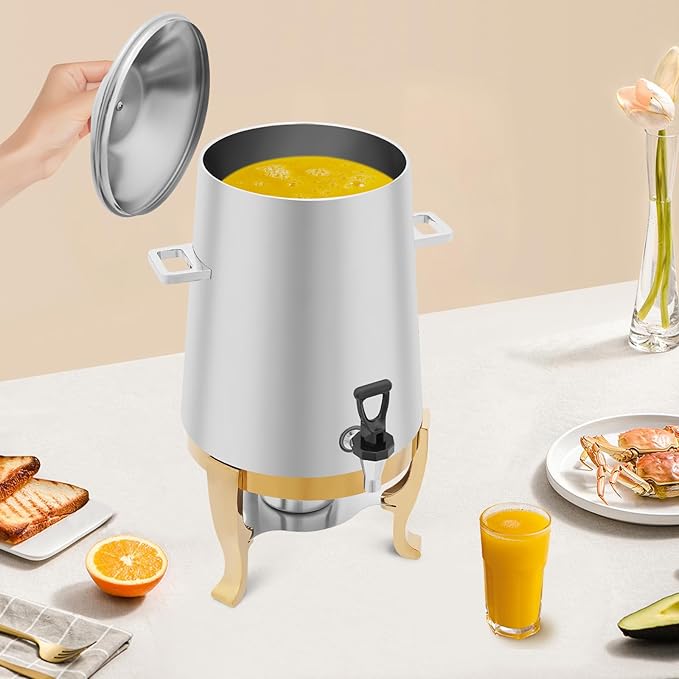 Coffee Urn with Fuel Holder 3.5 Gal/13L, Stainless Steel Beverage Dispenser Hot Drink Dispenser with Stand, Tea Water Coffee Chafer Urn for Parties Buffet Catering Commercial Home (Gold Holder)