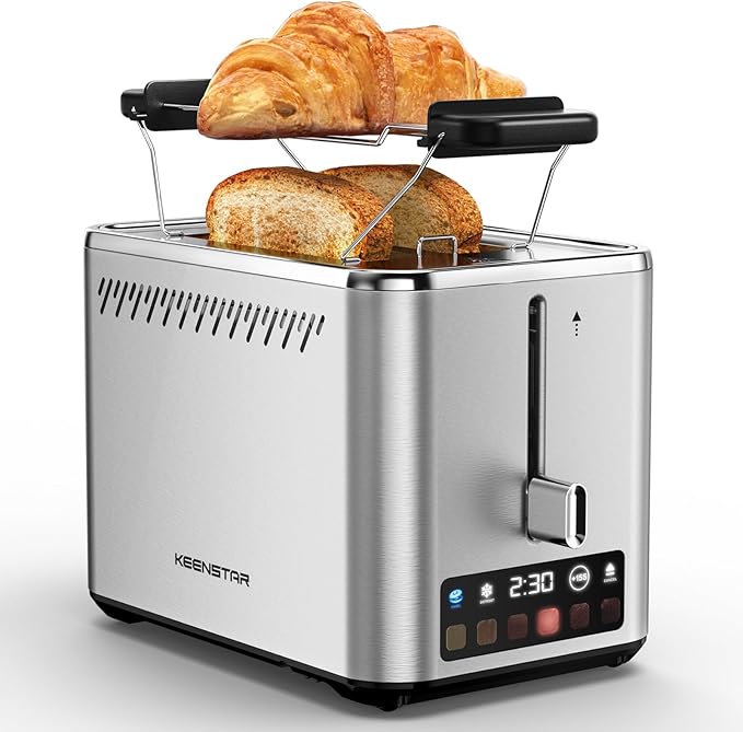 Touch Screen 2-Slice Toaster with 6 Browning Levels, Bagel, Defrost & Timer, Wide 1.5" Slots, Removable Crumb Tray, 900W Stainless Steel Smart Toaster for Bagels, Breads & Waffles