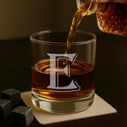 (E-Monogram)- 4 Piece Set of 11 Ounce Engraved Heavy Base Rocks Glasses Elegant Glass-Multi-Purpose Beverage-Rocks Glass- Gift for any Occasion- By: On The Rox