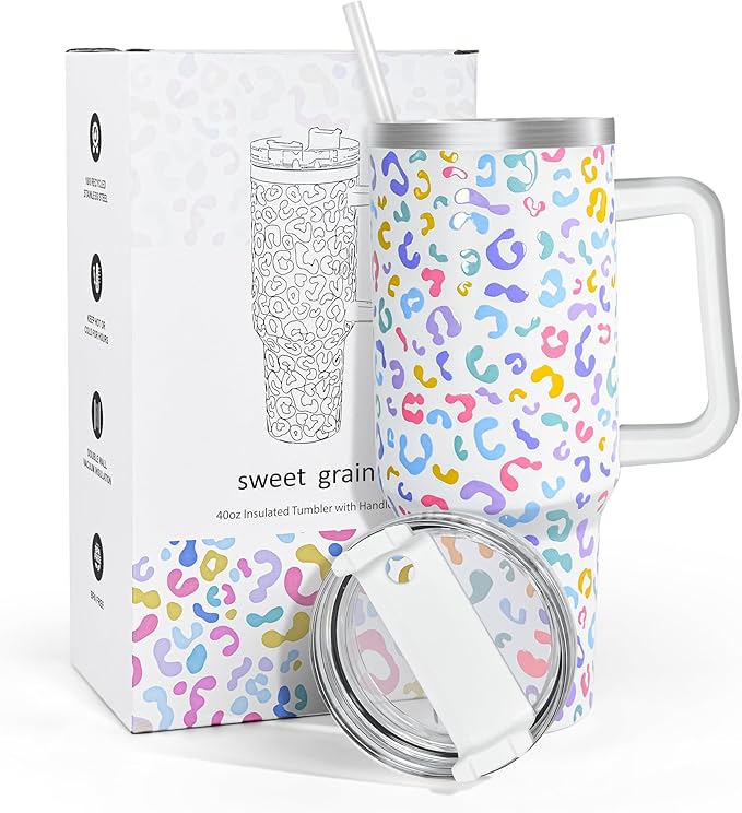 sweet grain 40 oz Tumbler with Handle and Straw, Keeps Drinks Cold Up to 24 Hours Leopard Tumbler, Stainless Steel Vacuum Insulated Travel Mugs for Water, Iced Tea or Coffee(Colorful)