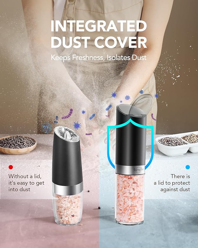 Sangcon Gravity Electric Salt and Pepper Grinder Set with Dust Cover, XL CAPACITY, Battery Operated(4 AAA), Adjustable Coarseness, One Hand Automatic Salt and Pepper Shakers Set Mill with LED Light