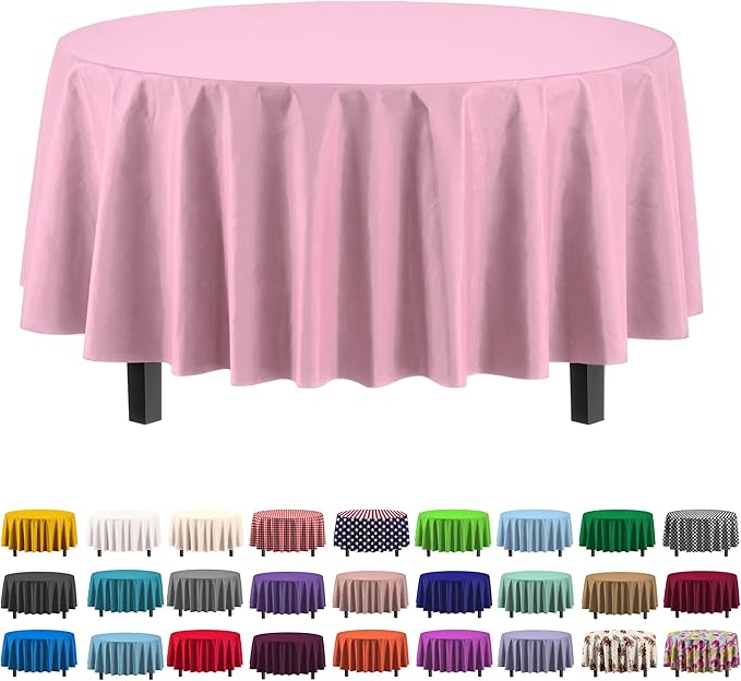 Exquisite 12-Pack Premium Plastic Tablecloth 84in. Round Table Cover - Pink