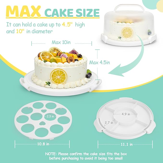Ohuhu Cake Container, Cake Carrier with Lid and Handle BPA-Free Cake Holder for 10 inch Cake with 2 Handles Cupcake Carrier - Plastic Cover Two Sided Base for Transport Pies Nuts Fruit