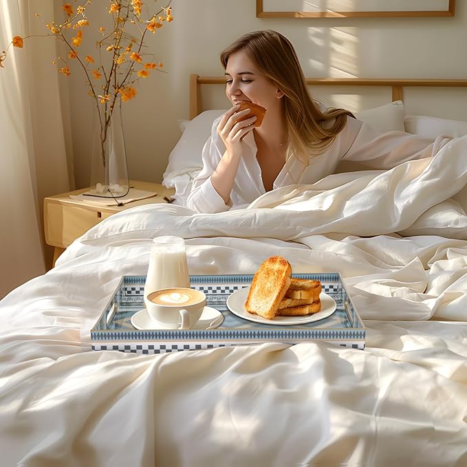 Rectangular Decorative Tray, Plastic Serving Tray with Handles, Bohemian Blue Tray for Ottoman, Coffee Table Tray for Living Room, Home Decor, 15.8" x 11.8" x 1.6"