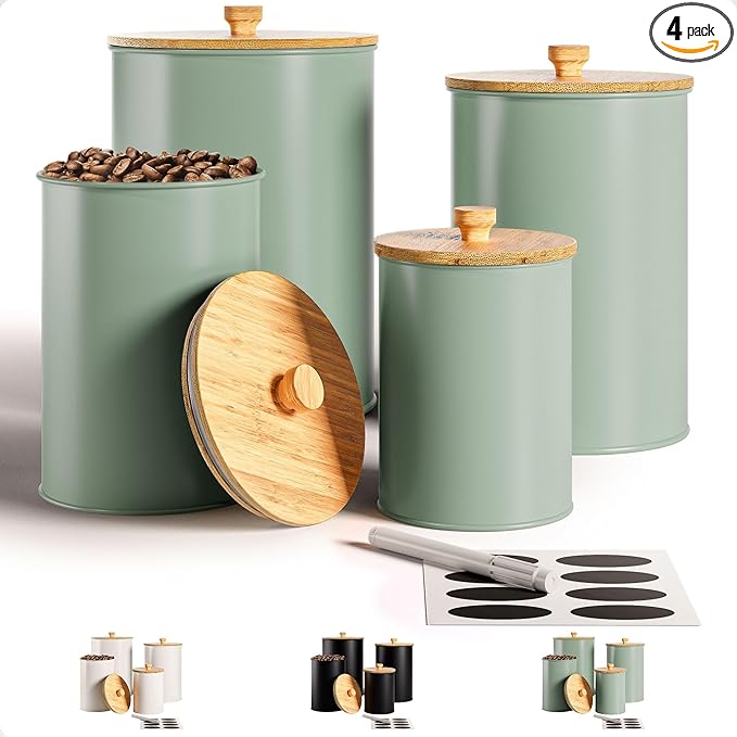 Kitchen Canisters for Countertop Set of 4 with Customizable Chalkboard Labels & Marker Pen - Big Iron Kitchen Canisters with Airtight Lids - Sage Green Canister Set - Flour and Sugar Containers