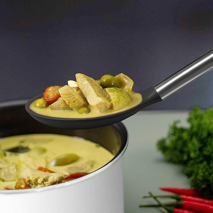 Pack of 2 Large Silicone Cooking Spoons,Non Stick Solid Basting Spoon,Heat-Resistant Kitchen Utensils for Mixing,Serving,Draining,Stirring (Black)