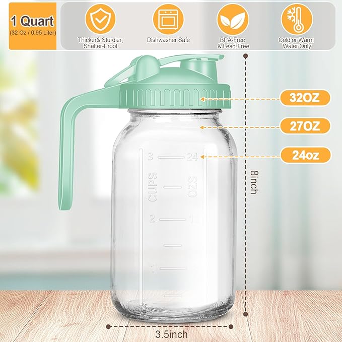 Mason Jar Pitcher, 32 OZ Breast Milk Pitcher Double Leak Proof with Pour Spout Handle, Wide Mouth Iced Tea Pitcher for Fridge, Creamer Container for Coffee, Sun Tea juice (Green,1 Pack)