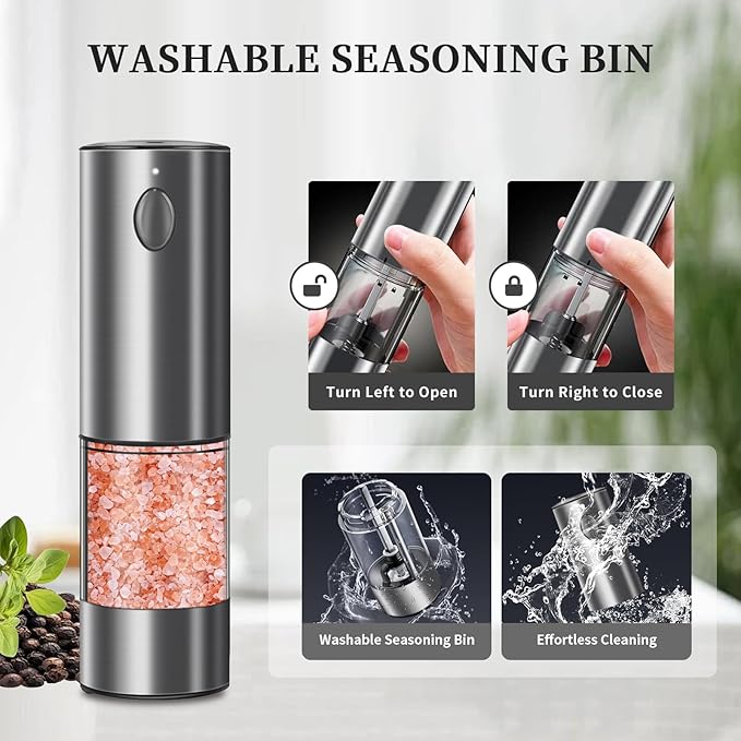 Electric Salt and Pepper Grinder Set, Upgraded Larger Capacity Stainless Steel Automatic Salt and Pepper Mill Set Refillable with 5 Adjustable Coarseness Stainless Steel Color Shaker