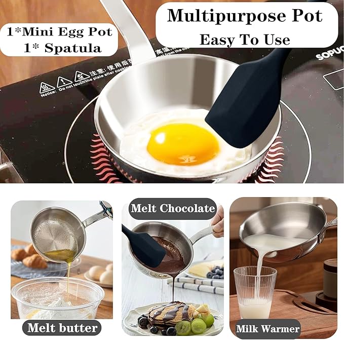 Mini Egg Pan, 304 Stainless Steel Omelet Pan, 5.1Inch Sauce Pan Mini Skillet for Butter Warmer Small Pot Cooking with 10.5" Scraper