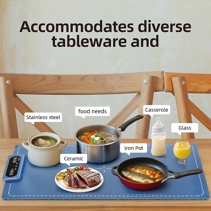 Food Warming Mat Electric Heating Tray for Buffets and Parties 3 Adjustable Temperature Settings from 40 to104 Degrees Fast Heating in 10 Seconds Child Safety Lock Easy to Clean (Blue)