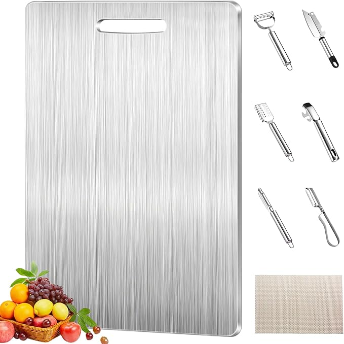 Titanium Cutting Board,Cutting Boards for Kitchen,8 pcs Stainless Steel Cutting Board,Peeler,Mat,Dish Clip,Titanium Cutting Boards for kitchen,For Cutting Vegetables, Meat,Fruits,Silver,15.3x11 IN