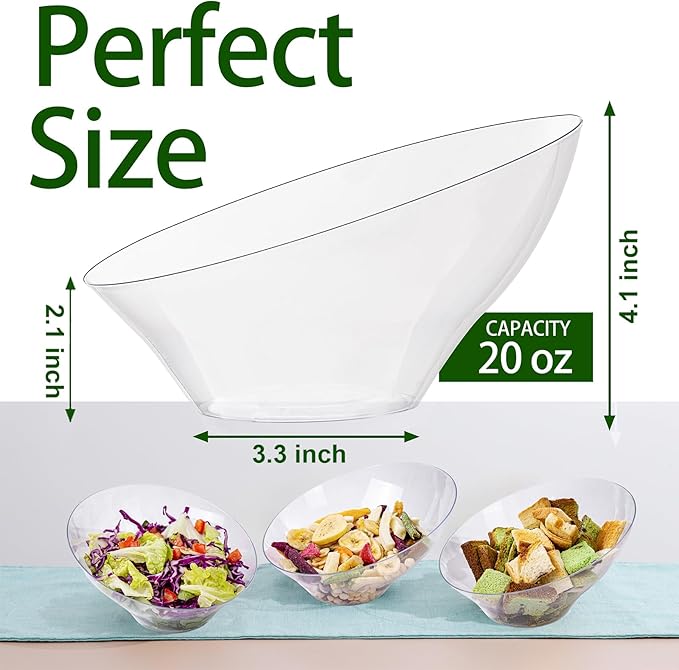 bUCLA 12 Pack Clear Plastic Serving Bowls - 20 OZ Angled Serving Bowls Disposable for Chip,Candy,Salad & Fruit - Ideal for Party & Wedding