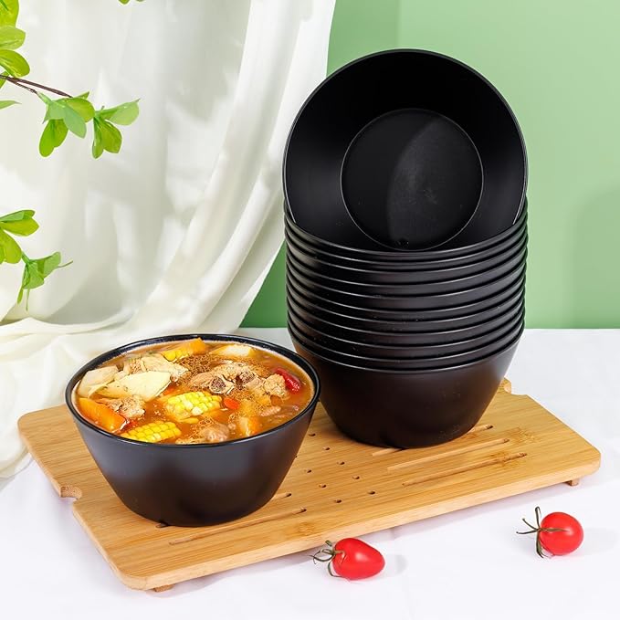 supernal 12PCS Black Wheat Straw Bowls - Unbreakable Reusable Plastic Soup & Cereal Straws Bowls,Fridge and Dishwasher Safe Stackable,Lightweight Black Disposable Bowl for Ramen,Salads and Catering