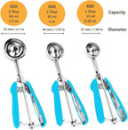 Cookie Scoop Set, 3Pcs Ice Cream Scoop, Cookie Scoops for Baking Set of 3, 18/8 Stainless Steel Cookie Scooper for Baking, Ice Cream Scooper with Trigger Release, Blue Soft Grip Cookie Dough Scoop