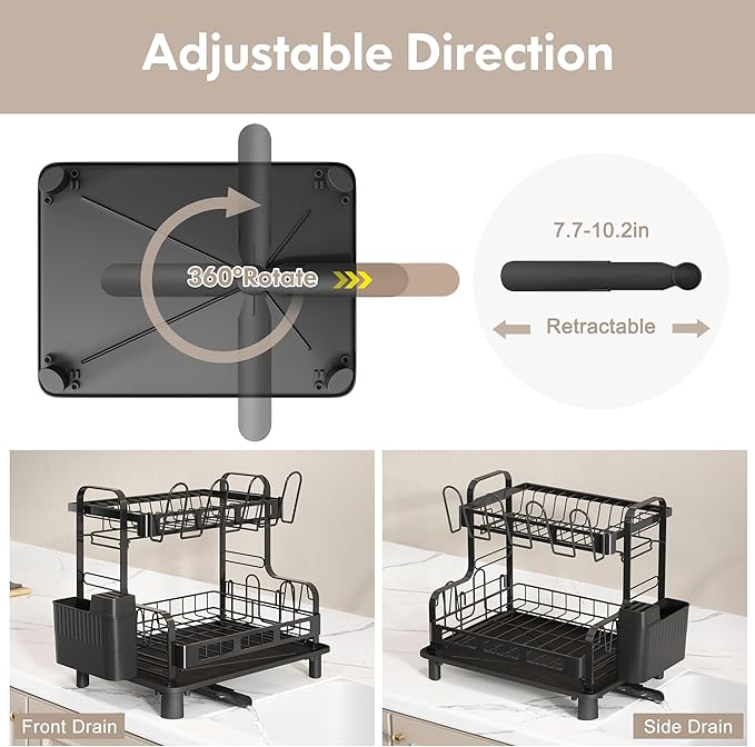 BOOSINY Dish Drying Rack, 2 Tier Large Stainless Steel Black Dish Rack for Kitchen Counter, Drying Rack with Cups Holder, Utensil Holder and Drainboard Set, Dish Strainer Shelf for Kitchen