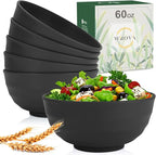 Wheat Straw Bowls Set 60 OZ Unbreakable Large Cereal Bowls Set of 6 Microwave and Dishwasher Safe Bowls Big Bowls for Camping and Picnic BPA Free Soup Bowl for Serving Oatmeal and Salad. Black