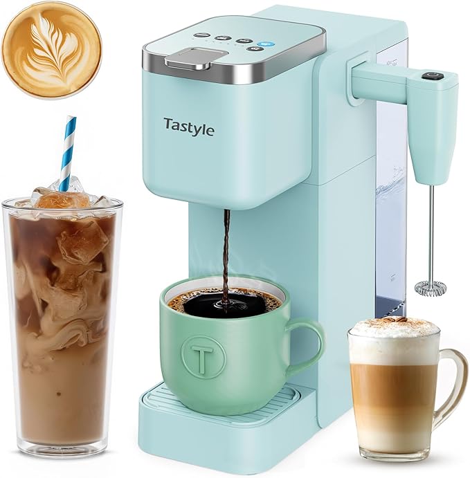 Single Serve Coffee Maker with Built-in Detachable Milk Frother, Iced and Hot Coffee Machine for K Cup & Grounds, 40oz Removable Water Reservoir, 6 Cup Sizes, Fits 7.3" Travel Mug, Teal