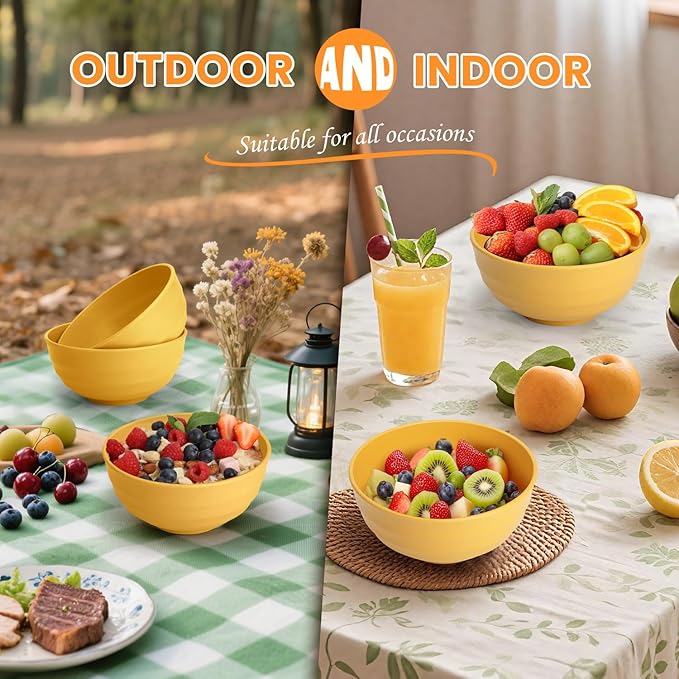 Homienly Sunshine Yellow Bowl Set of 8, 60 Oz Large Wheat Straw Bowls, Unbreakable Big Salad & Soup Bowls, Microwave Safe for Easter, Picnic, Kids Party & Family Meals