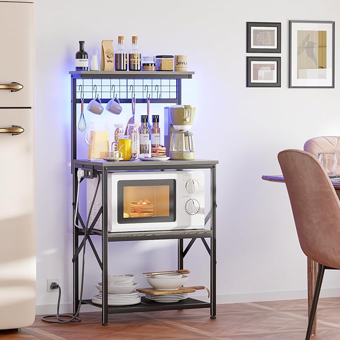 Furologee Bakers Rack with Power Outlet and LED Light, Small Coffee Bar Station with 4 Tier Shelves, Microwave Stand Table with 6 S Hooks, Kitchen Storage Rack for Spices, Pots, Black Oak