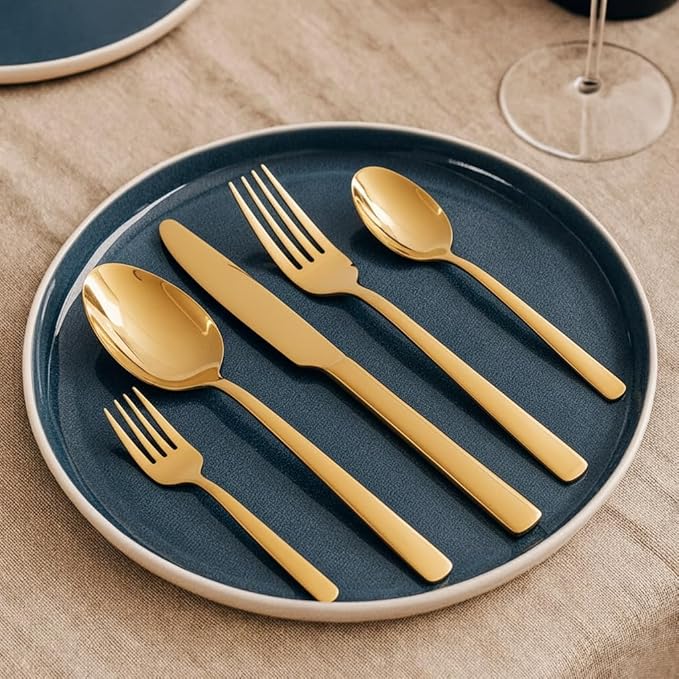 Oxford Silverware Set, 30 Piece Forged Flatware Premium Stainless Steel, Service for 6, for Kitchen, Home, Wedding, Party, Mirror Polished Dishwasher Safe (Matte Gold)