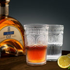 6pcs Vintage Drinking Glasses Set, 12 oz Clear Highball Glasses, Embossed Ribbed Glassware Cups for Cocktail, Water, Juice, Coffee, Whiskey