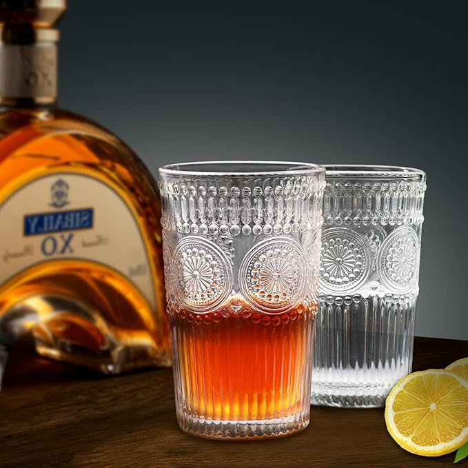 6pcs Vintage Drinking Glasses Set, 12 oz Clear Highball Glasses, Embossed Ribbed Glassware Cups for Cocktail, Water, Juice, Coffee, Whiskey