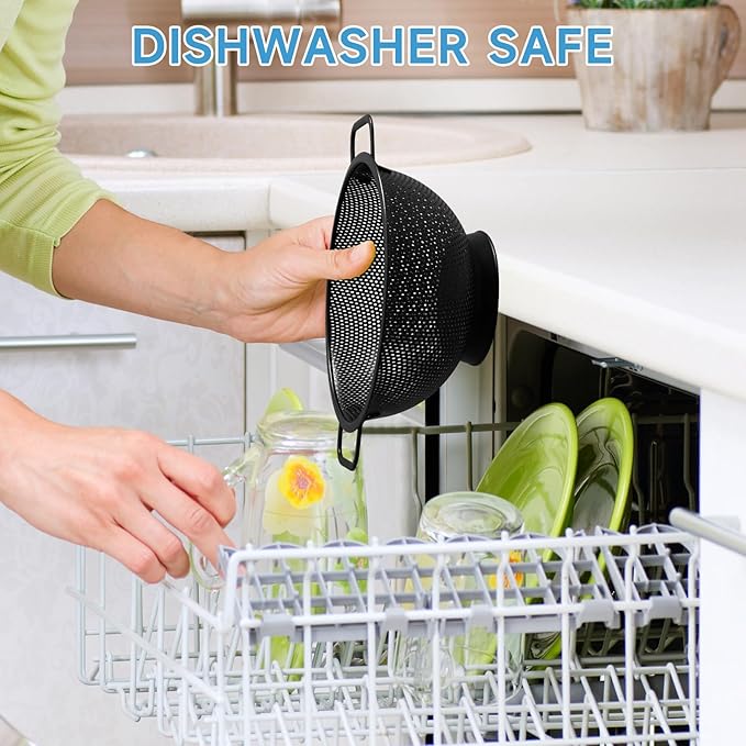 Black Colander for Kitchen, 3QT, Stainless Steel Pasta Strainer with Handle, Pasta Strainer for Fruits Vegetables Cooking Food, Dishwasher Safe