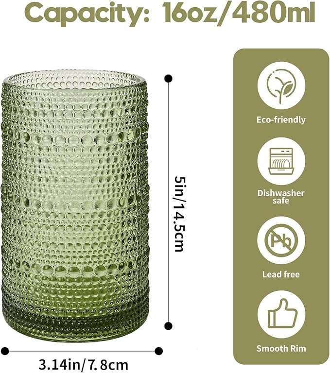 Vintage Hobnail Drinking Glasses Set of 12, 16 oz Large Capacity Embossed Green Tumblers, Highball Glasses for Water, Cocktail, Beer, Whiskey, Kitchen & Bar Use