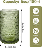 Vintage Hobnail Drinking Glasses Set of 12, 16 oz Large Capacity Embossed Green Tumblers, Highball Glasses for Water, Cocktail, Beer, Whiskey, Kitchen & Bar Use