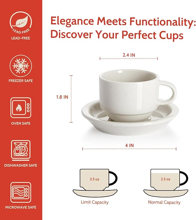 Sweese Porcelain Espresso Cups Set, 2.5 oz, with Saucers, Metal Stand, Stackable - Dove Grey, 4 Pack