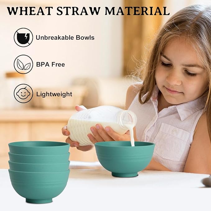 Wheat Straw Bowls Set of 8, Microwave and Dishwasher Safe, Unbreakable and Lightweight Small Bowl for Snack, Yogurt, Dessert Bowls for Kitchen, Picnic, Party (Green, 10 OZ)