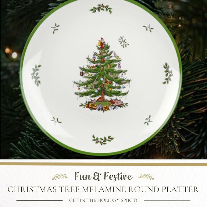 Spode Christmas Tree Melamine Round Platter - 14 Inch Shatterproof Serving Plate for Holiday Meals, Holiday Party - Festive Tableware for Indoor & Outdoor Use, Dishwasher Safe Christmas Dinnerware