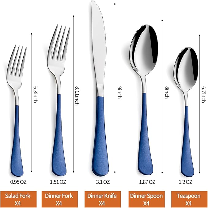 20 Piece Blue 18/0 Flatware Utensil Set for 4, Include Dinner Knife,Dinner Forks,Dinner Spoons,Salad Forks,Teaspoons,Silverware Set for 4, Dishwasher Safe