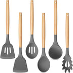 TeamFar Kitchen Utensils Set of 6, Silicone Cooking Utensils with Wooden Handles, Non-stick Cookware Tools for Cooking/Serving/Turning/Mixing, Healthy & Heat-Proof, Dark Gray