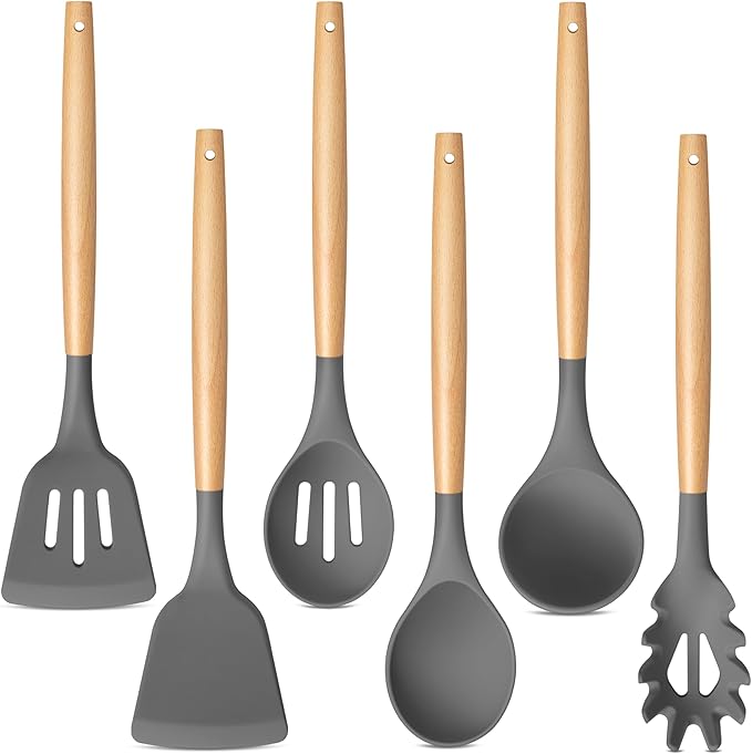 TeamFar Kitchen Utensils Set of 6, Silicone Cooking Utensils with Wooden Handles, Non-stick Cookware Tools for Cooking/Serving/Turning/Mixing, Healthy & Heat-Proof, Dark Gray