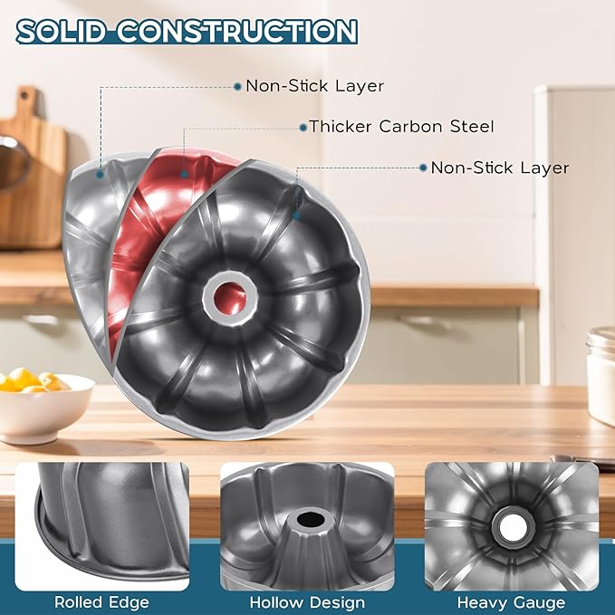 Onader Fluted Cake Pan, 10 Inch Nonstick Round Tube Baking Pan for Pound Cake, 10 Cups Large Heavy Duty Carbon Steel Baking Mold Bakeware, Gray