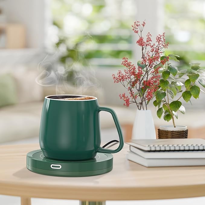 BESTINNKITS Smart Coffee Cup Warmer Set, Auto On/Off Gravity-Induction Mug Office Desk Use, Candle Wax Cup Warmer Heating Plate (Up to 131F/55C), Green Mug Warmer Set