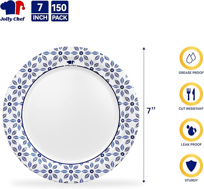 JOLLY CHEF 7 inch Disposable Paper Plates 150 Count, Soak Proof, Cut Proof, Heavy Duty Paper Plates for Everyday Use