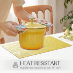 Romanstile Vinyl Placemats Set of 4-12 X 18 Inch - Heat Resistant Non-Slip Embossed Floral Place Mats 100% Waterproof Oilproof Wipeable Faux Leather Table Mats for Kitchen/Dining/Party, Yellow