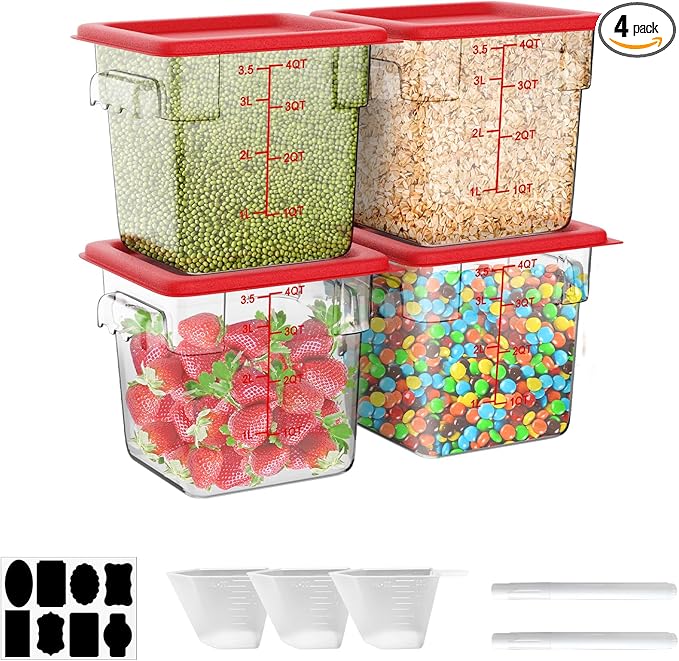 4QT NSF Food Storage Containers with Lids: 4 PCS [Total Food Grade][Hot&Cold Resistant] Commercial Clear Food Storage Containers for Restaurant Kitchen Proof Dough, Measuring Spoons Included(Red)