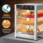 ROVSUN 3-Tier Commercial Food Warmer, 15" Pizza Warmer Food Warmer Display with LED Adjustable Lighting Glass Door Removable Shelves, Countertop Electric Food Warmer for Buffet Restaurant 110V 800W