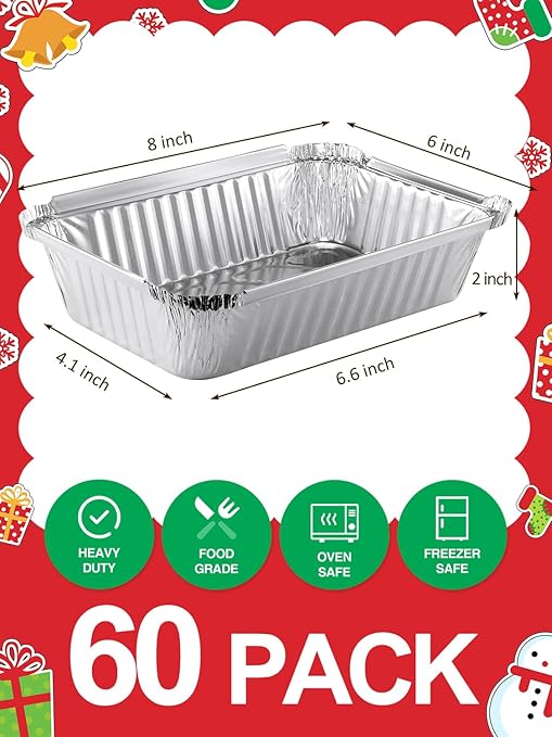 60 Pack 8x6 Disposable Aluminum Pans Aluminum-Foil-Pans-Tin-Foil-Baking-Pans-Tin-Trays-Food-Containers-for-Meal-Prep-Cooking-Roasting-Heating