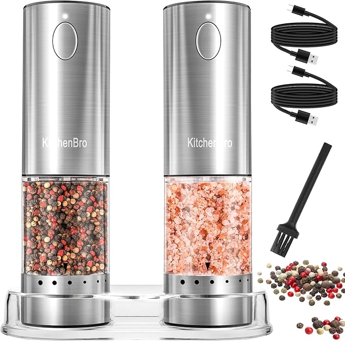 Electric Salt and Pepper Grinder Set 6 Levels Adjustable Coarseness Refillable Stainless Steel Auto Salt and Pepper Grinder Mill Usb Rechargeable with Lights