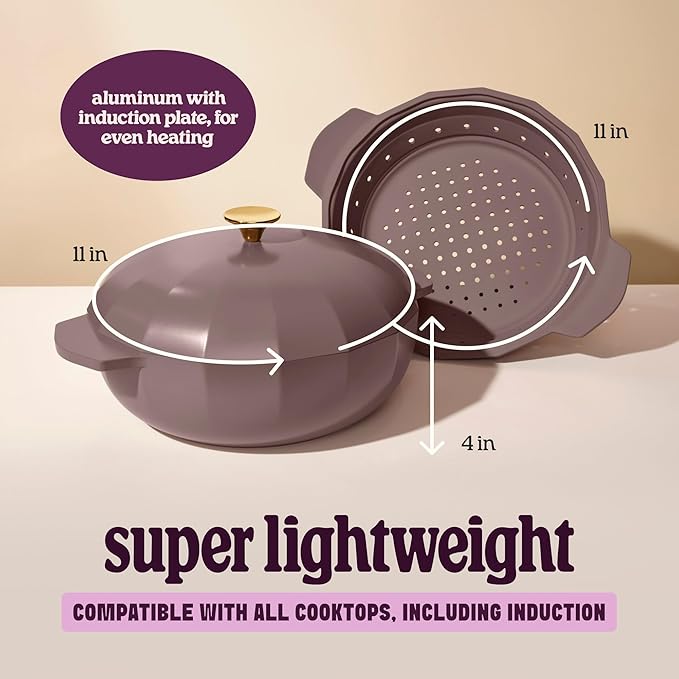 Cravings by Chrissy Teigen The Perfect Pan 5.3 Qt Dutch Oven Pot with Lid, Nonstick Lightweight Aluminum Everyday Pot with Steamer/Strainer Insert, Oven & Stovetop Safe (Mauve)