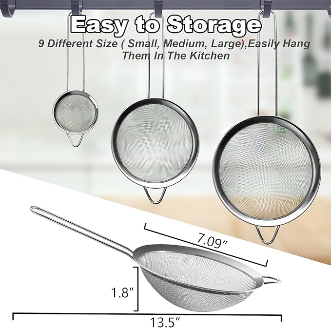Anaeat Fine Mesh Strainers - Premium Stainless Steel Colander Sieve Sifters, with Durable Mesh and Sturdy Handle, Excellent for Sifting Dry ingredients, Flour, Pastas, Rice, Tea (7.09"）