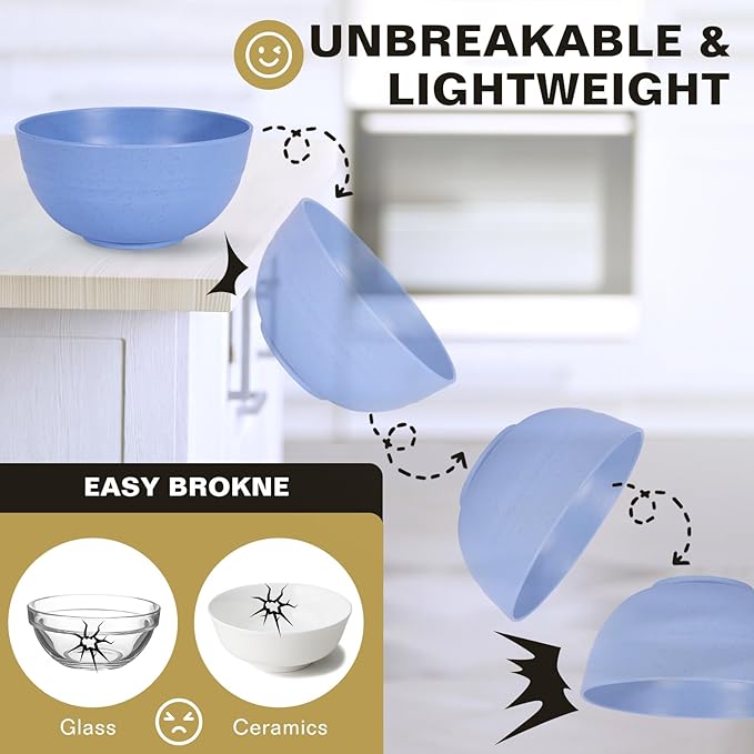 Cereal Bowls, 26 Oz Unbreakable Plastic Cereal Wheat Straw Bowl Sets of 8, Lightweight Microwave Dishwasher Safe Reusable BPA-Free for Kitchen Soup Salad Noodle Desert, Multicolor