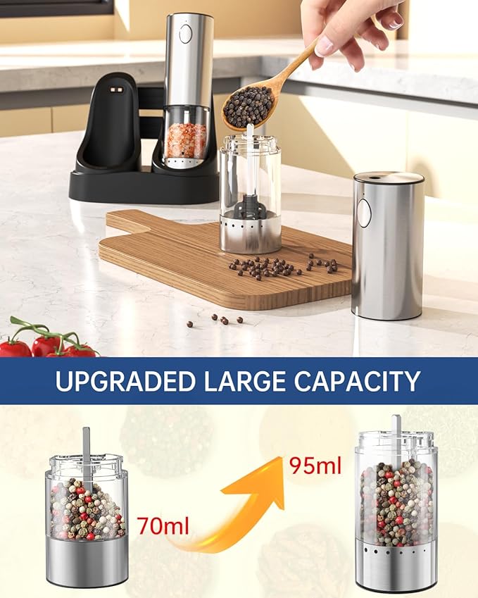 CIRCLE JOY 2-Speed Electric Salt and Pepper Grinder Set Rechargeable Stainless Steel Pepper Mills with Charging Base, LED Light and External Adjustable Coarseness for Hygienic Easy Use