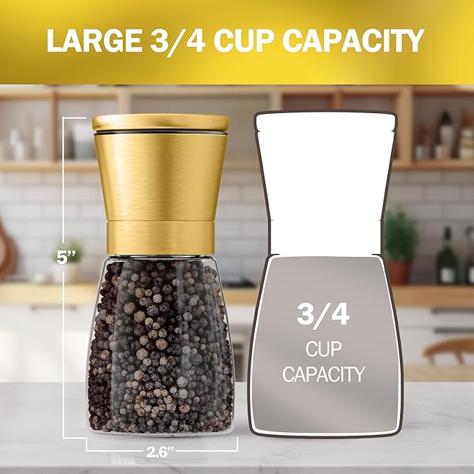 Home EC Original Gold Salt and Pepper Grinder Set of 2 - Adjustable Ceramic Grinder - Glass Salt and Pepper Shakers With Funnel and Ebook - Kitchen Spice Mill - Gold Kitchen Accessories
