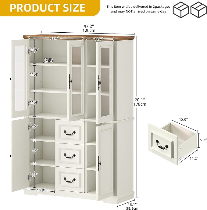 DWVO Large Storage Cabinet, 72" Tall Kitchen Pantry with Glass Doors, Freestanding Glass Display Cabinets with Adjustable Shelves & Drawers, Food China Hutch for Dining Room, Living Room, White